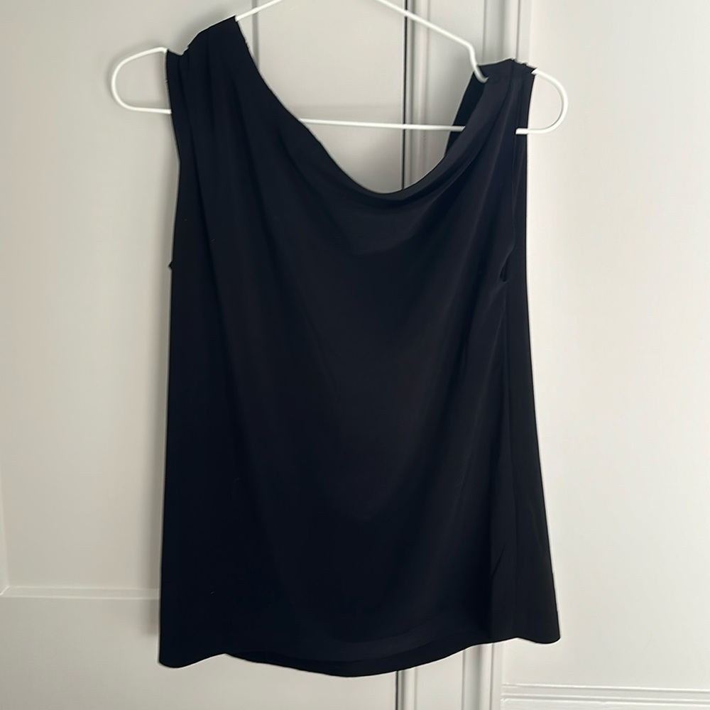 Norma Kamali draped black sleeveless top.